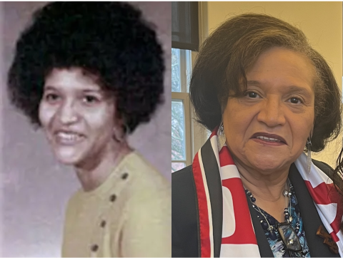Two photos of same woman, one older and one younger.