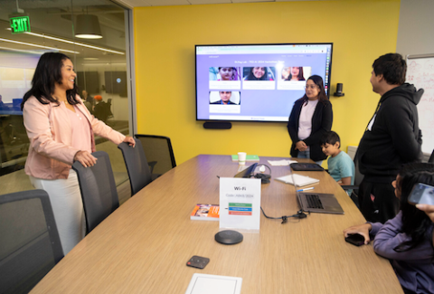 Tarun Chawdury (right), his wife Mousumi (center), and their children meet with San Fransico Mayor London Nicole Breed (left).