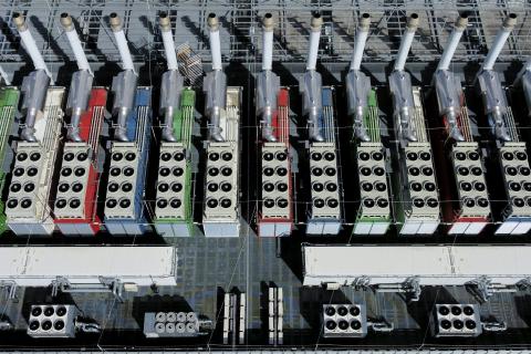 These ‘chillers’ on the roof of a data center in Germany, seen from above, work to cool the equipment inside the building.