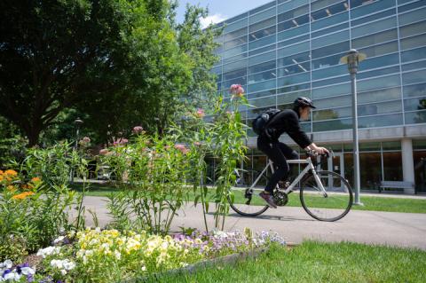 A cyclist rides their bike on the Georgia Tech campus. A cyclist rides their bike on the Georgia Tech campus.