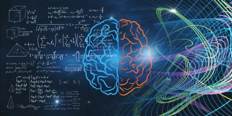 Digital illustration of a human brain split down the middle: the left side is filled with white mathematical equations, diagrams, and formulas, while the right side is surrounded by colorful, flowing lines and abstract wave patterns against a dark blue background.